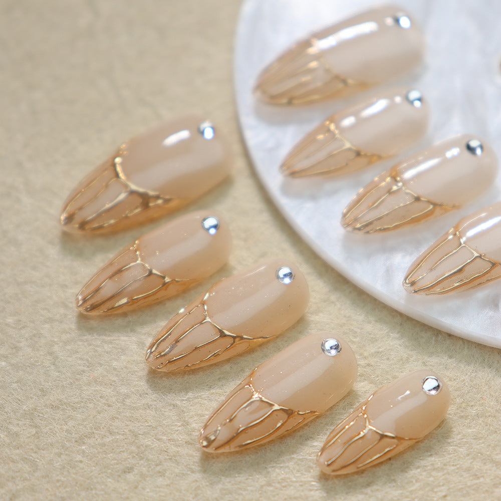 Golden Spider Silk French Tip Handmade Almond  Nails A956 - NoirNail