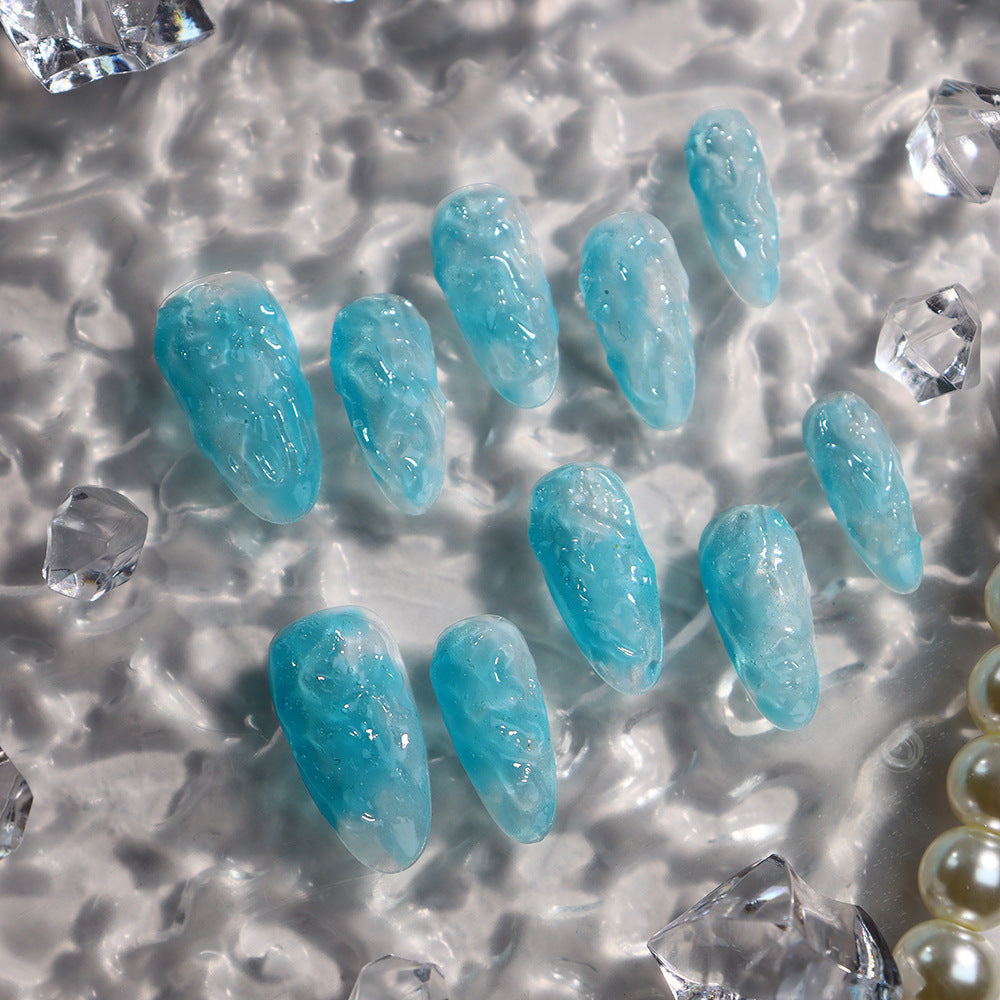 Blue Transparent Crystal Handmade Almond  Nails  A643 - NoirNail