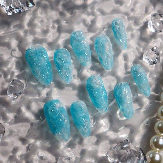Blue Transparent Crystal Handmade Almond  Nails  A643 - NoirNail