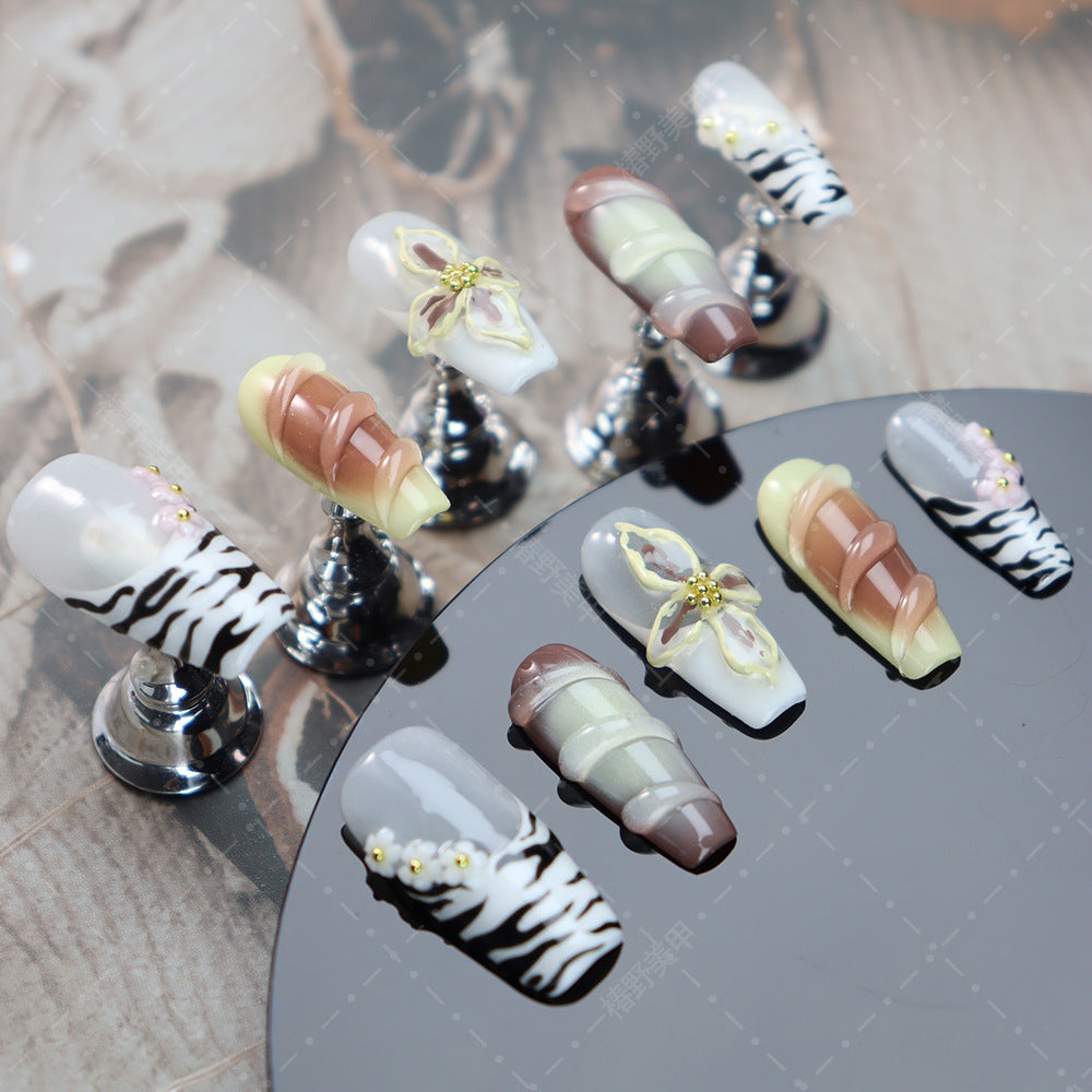 Zebra Print French Tip  Handmade Coffin Nails A1090