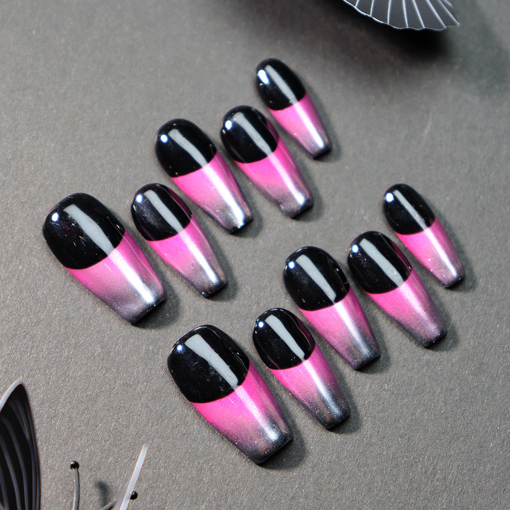 Gradient Glitter French Long Tip  Handmade Coffin  Nails  A679 - NoirNail
