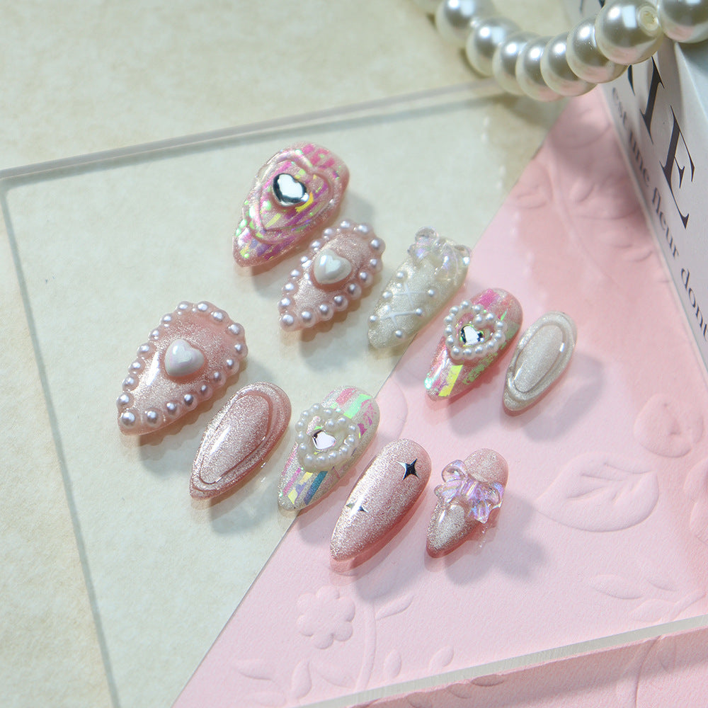 Miss Candy Pink Bow Handmade Almond Press on Nails A789