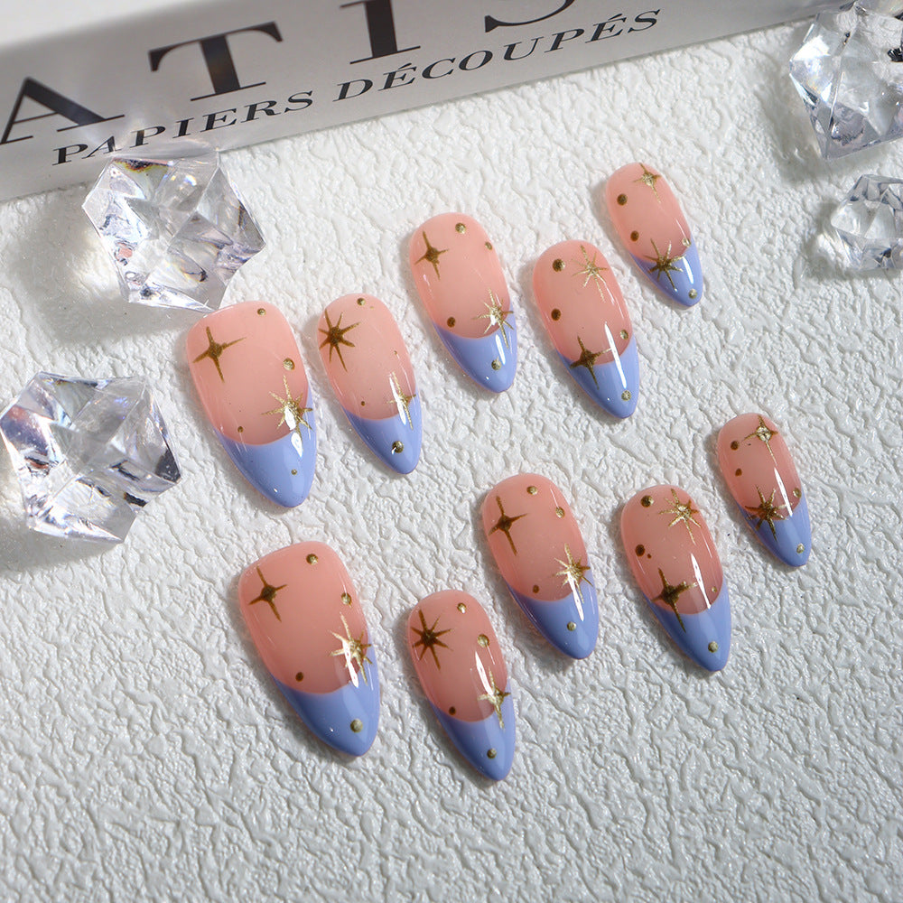 Starry French Tip Handmade Almond  Nails A616 - NoirNail