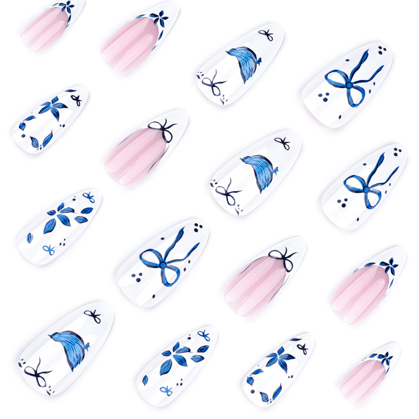 Simple Blue Bow Almond 24PCS Free Size Press on Nails JP3738