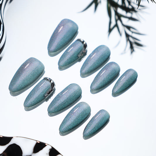 Moonstone Rhinestones  Handmade Almond  Nails A268 - NoirNail