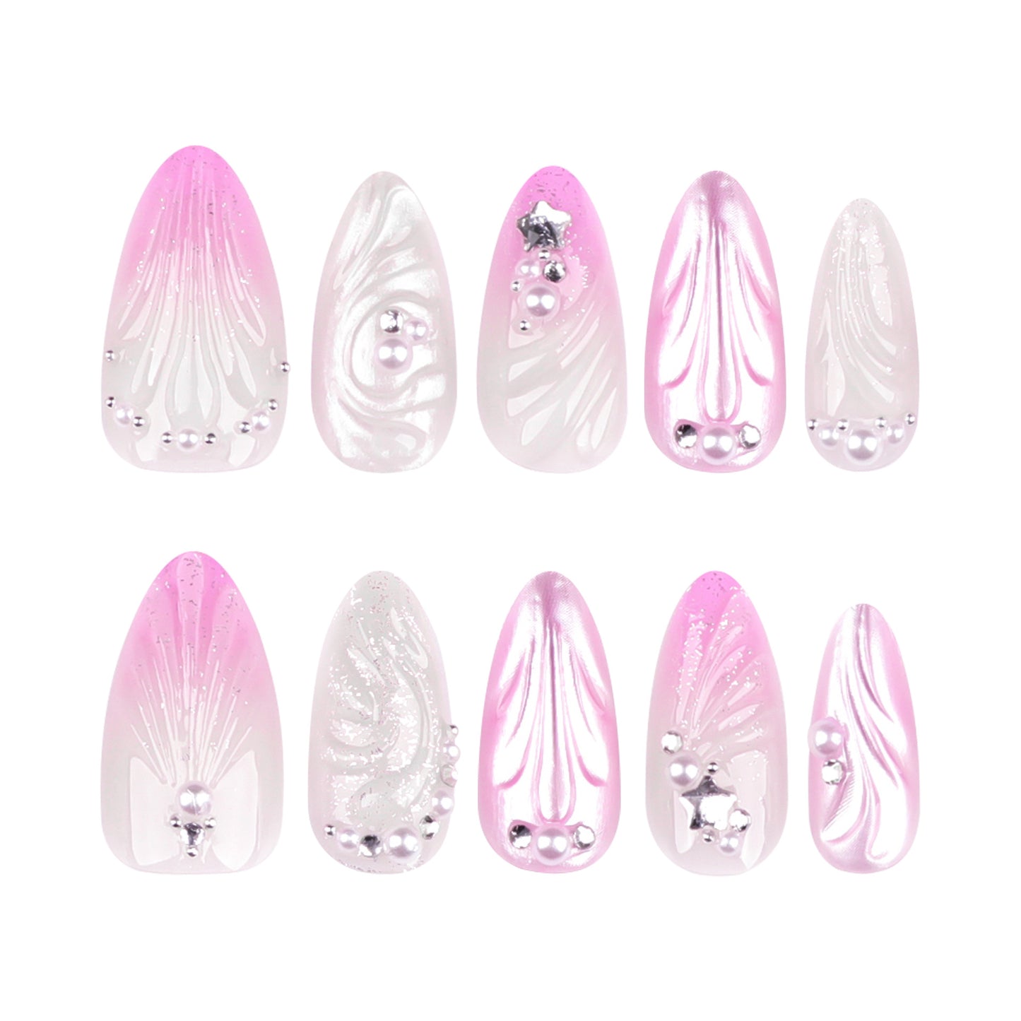 3D Pink Gradient Shells Almond 24PCS Free Size Press on Nails JP3680