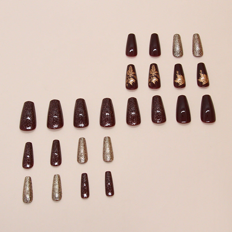Amber Golden Maple Leaf Coffin 24PCS Free Size Press on Nails W1836