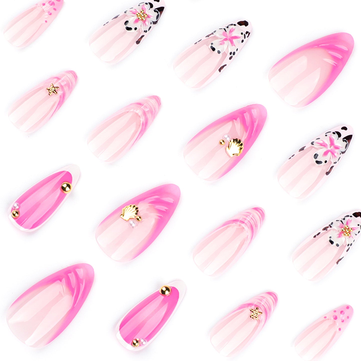 3D Pink French Lily Almond 24PCS Free Size Press on Nails  JP3687