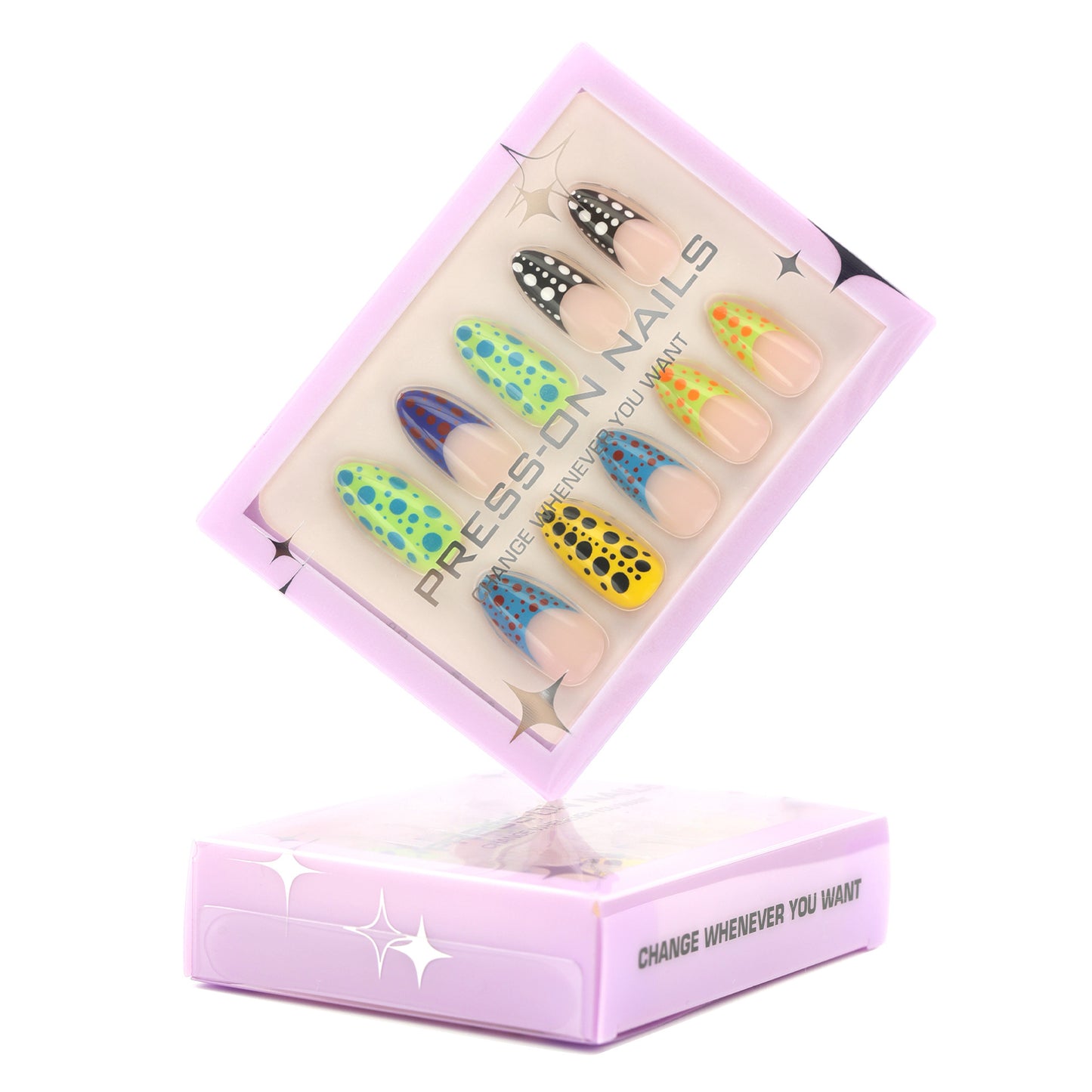 Colorful Dots French Tip Almond 30PCS Free Size Press on Nails GD15