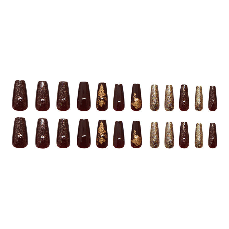 Amber Golden Maple Leaf Coffin 24PCS Free Size Press on Nails W1836