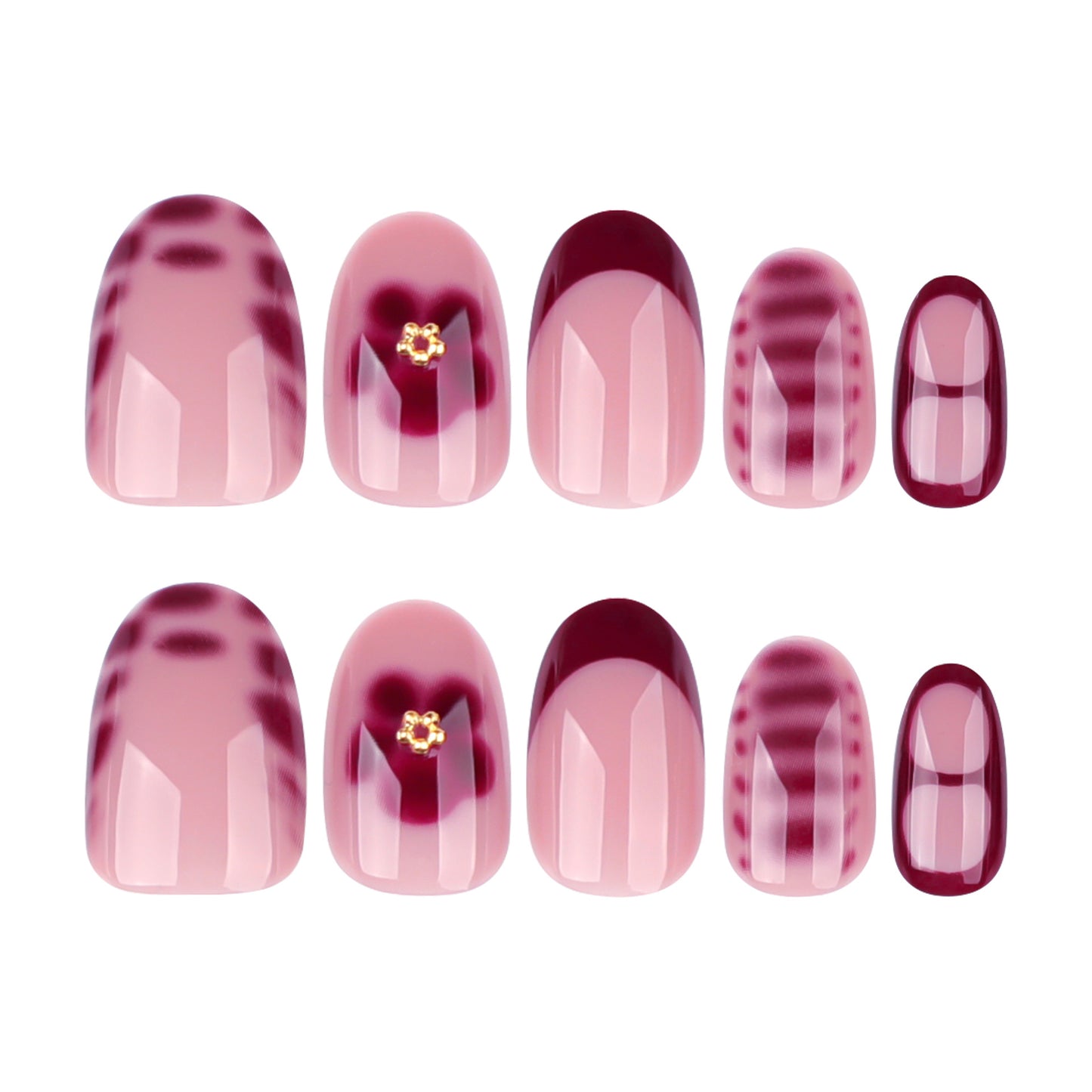 Burgundy Flowers Oval 24PCS Free Size Press on Nails JP3841