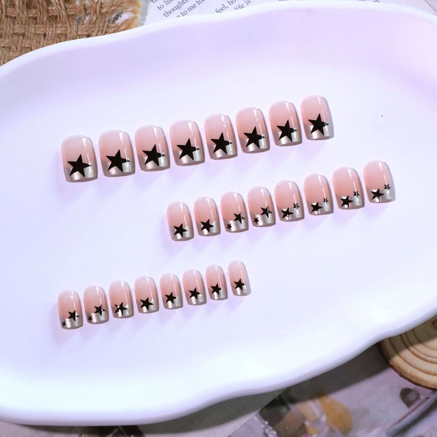 French Point Pearl Star Square 24PCS Free Size Press on Nails JL0689