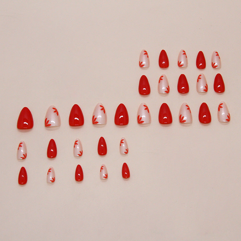 Red Flower Almond 24PCS Free Size Press on Nails W1856