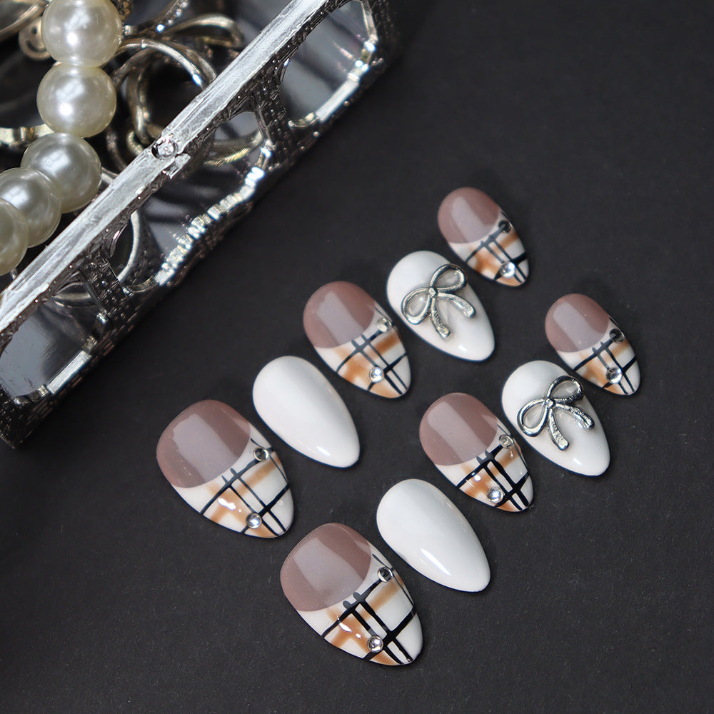 Plaid Skirt  French Tip Handmade Almond  Nails  A816 - NoirNail