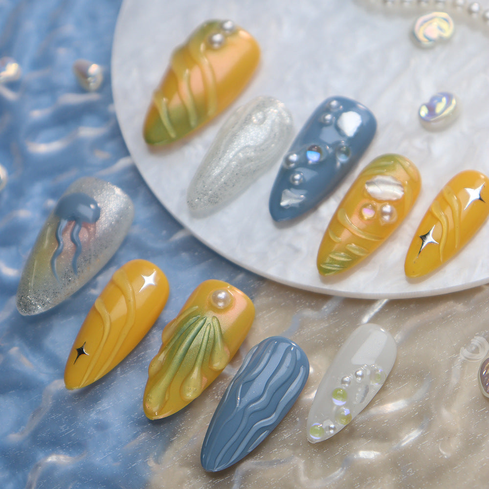 Pearl jellyfish Handmade Almond Press On Nails A806