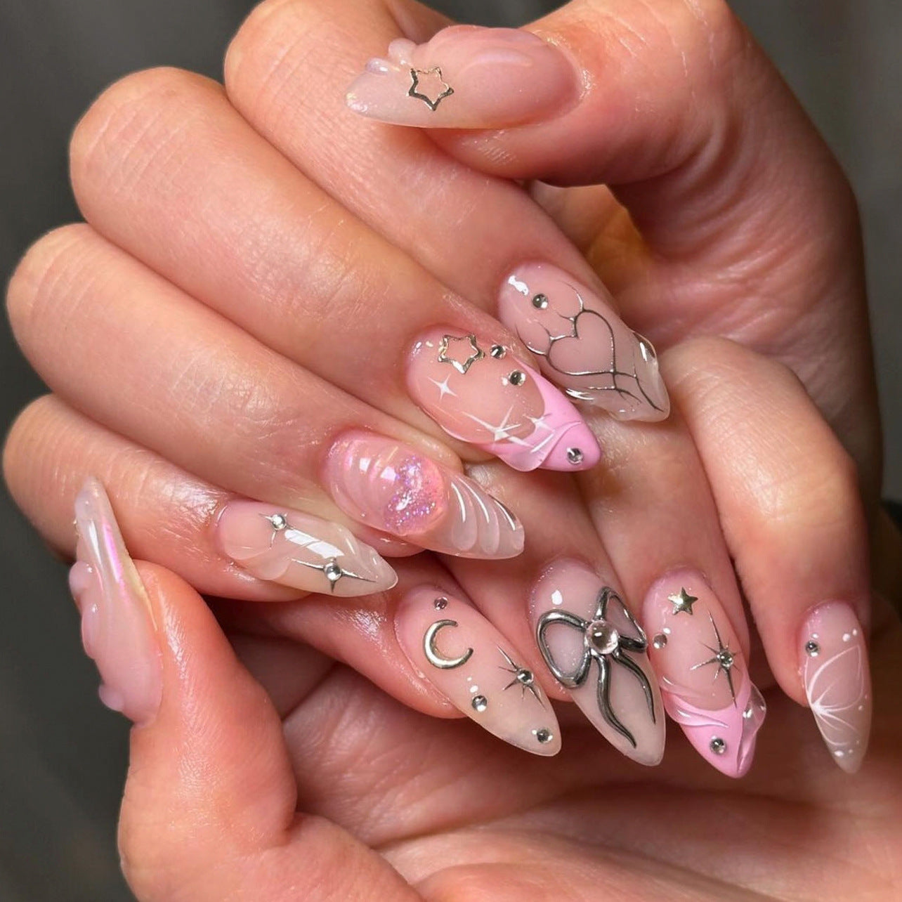 3D Bow Pink Heart Almond 24PCS Free Size Press on Nails JP3626
