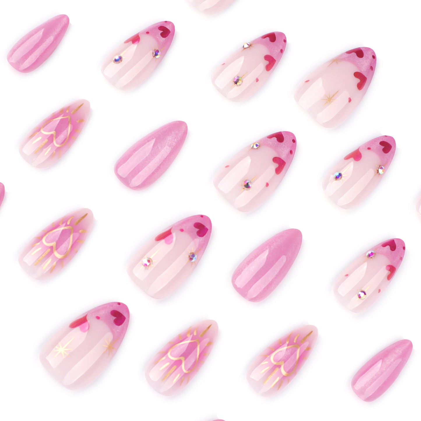 French Pink Cat Eye Heart Shape Almond 24PCS Free Size Press on Nails JP3848