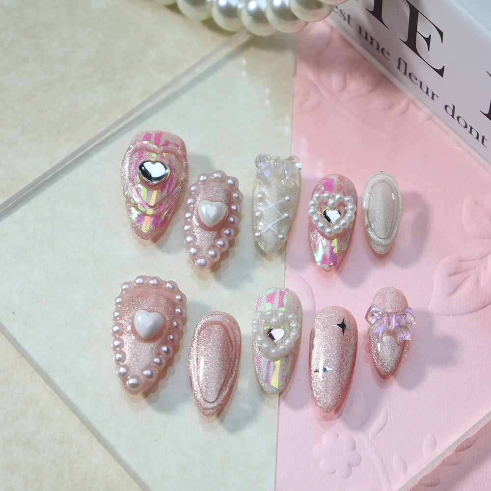 Miss Candy Pink Bow Handmade Almond Press on Nails A789