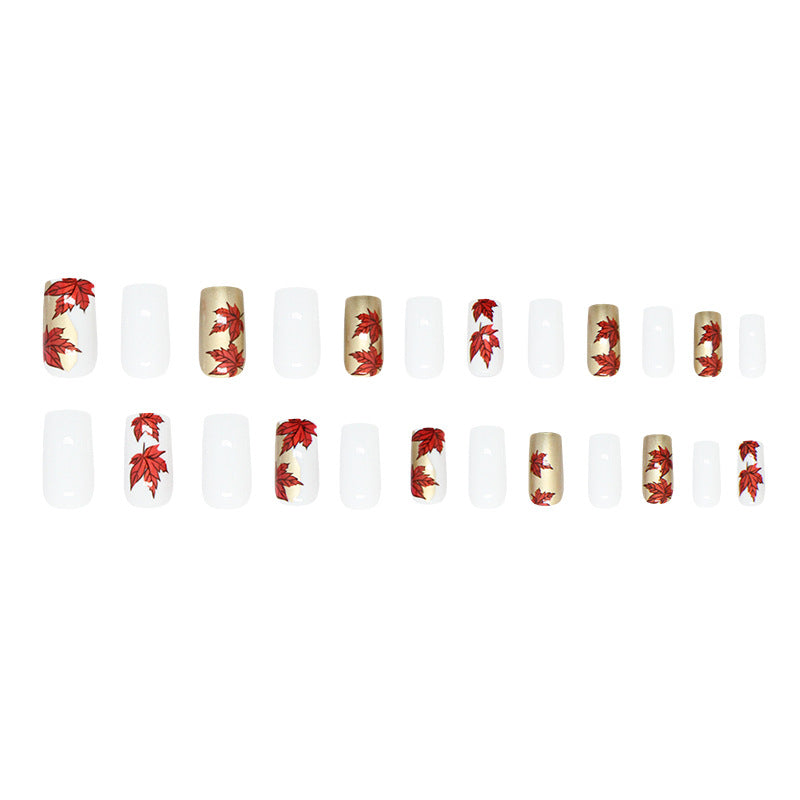 Red Maple Leaf Square 24PCS Free Size Press on Nails W1860