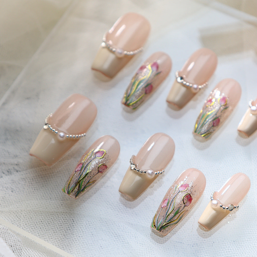 Tulips in the sun deep French Handmade Coffin Press On Nails A431