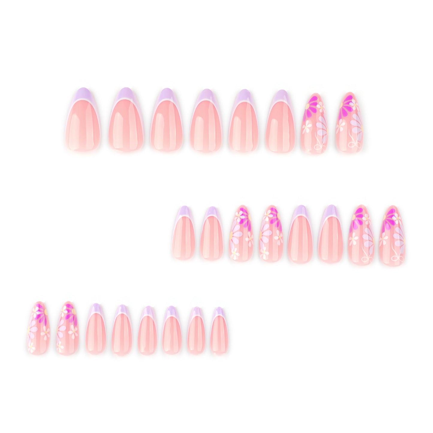 Purple Flowers Almond 24PCS Free Size Press on Nails  JP3793