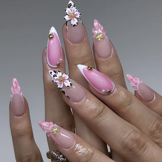 3D Pink French Lily Almond 24PCS Free Size Press on Nails  JP3687