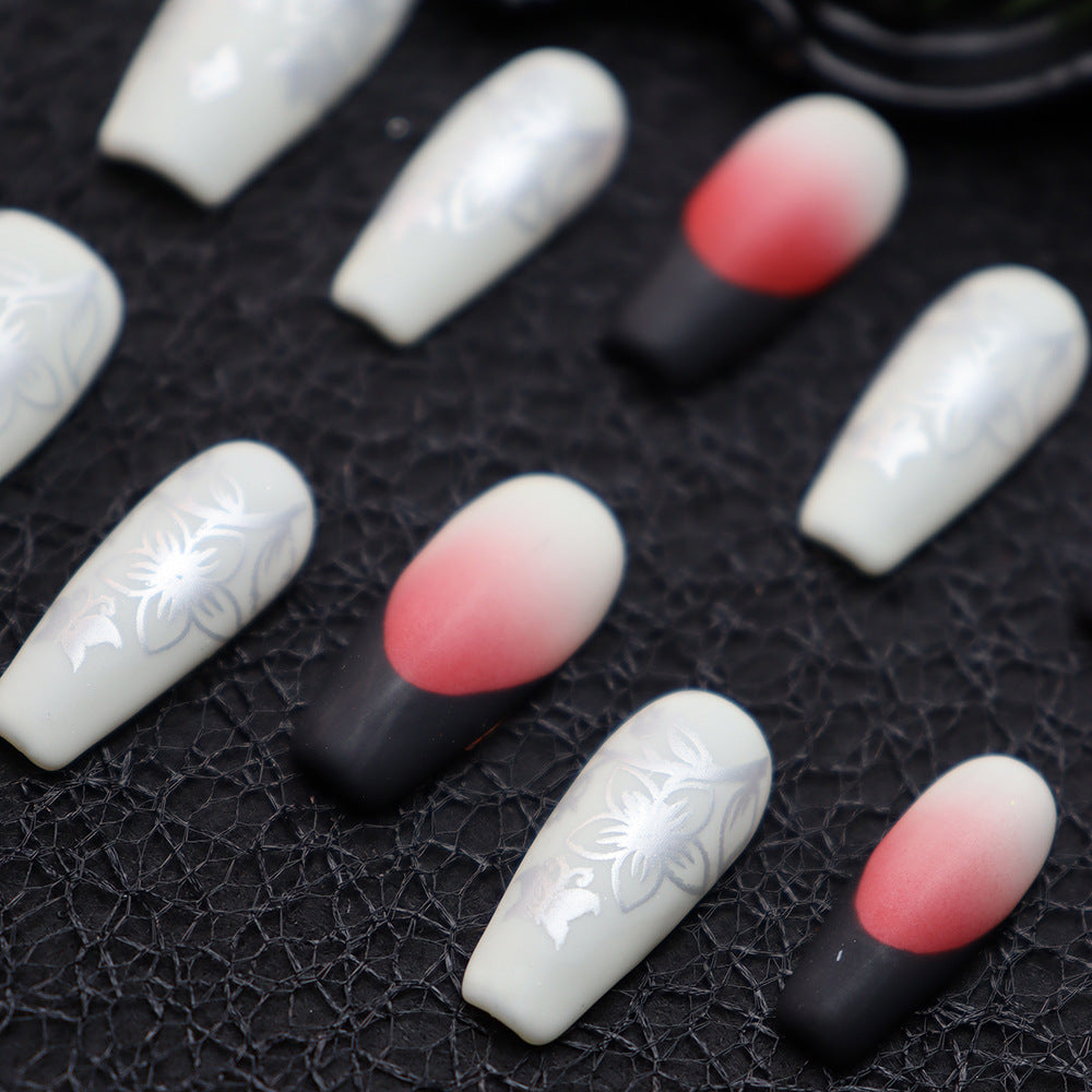 Crimson Anemone French Tip Handmade Coffin Press On Nails A630