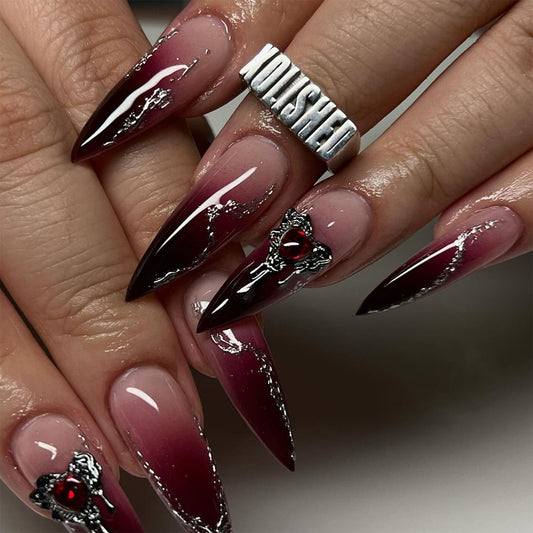Dark Night Rose Stiletto 24PCS Free Size Press on Nails JP3475