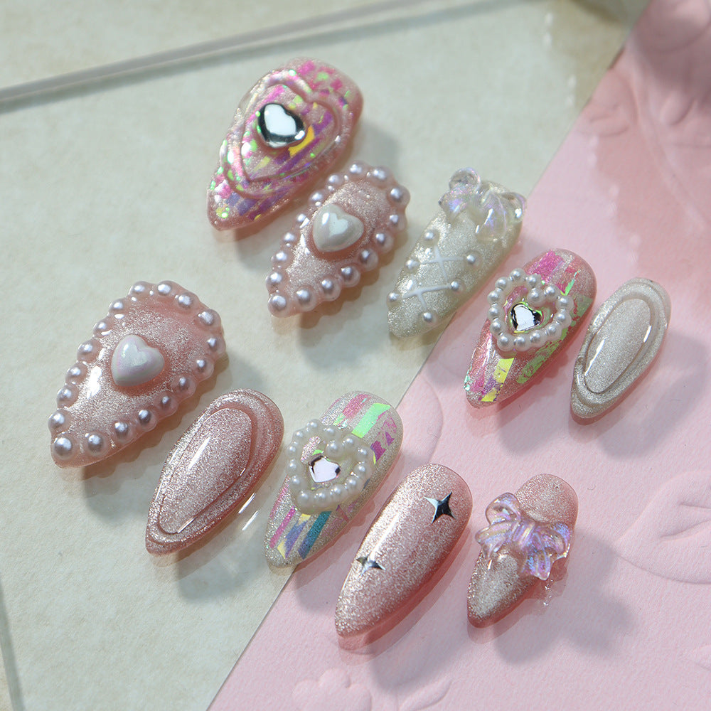 Miss Candy Pink Bow Handmade Almond Press on Nails A789