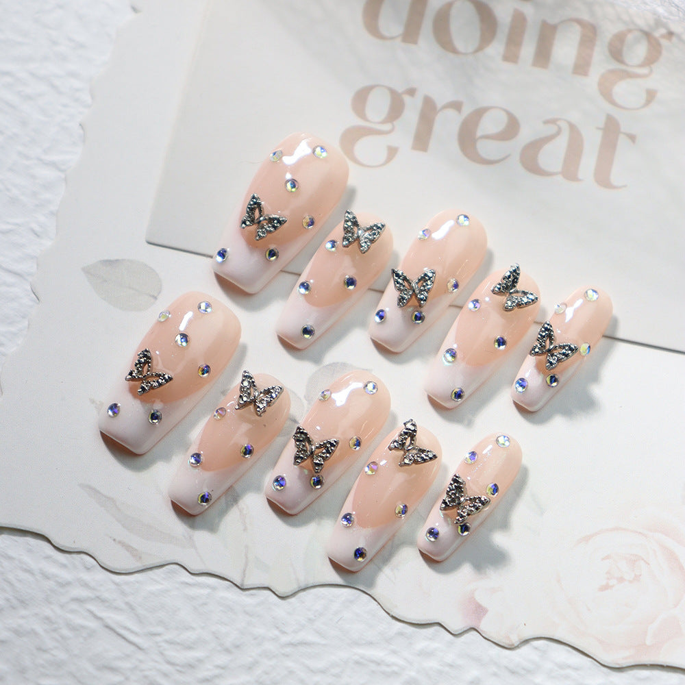 Tropical Butterfly French Tip  Rhinestones Handmade Coffin Nails  A589