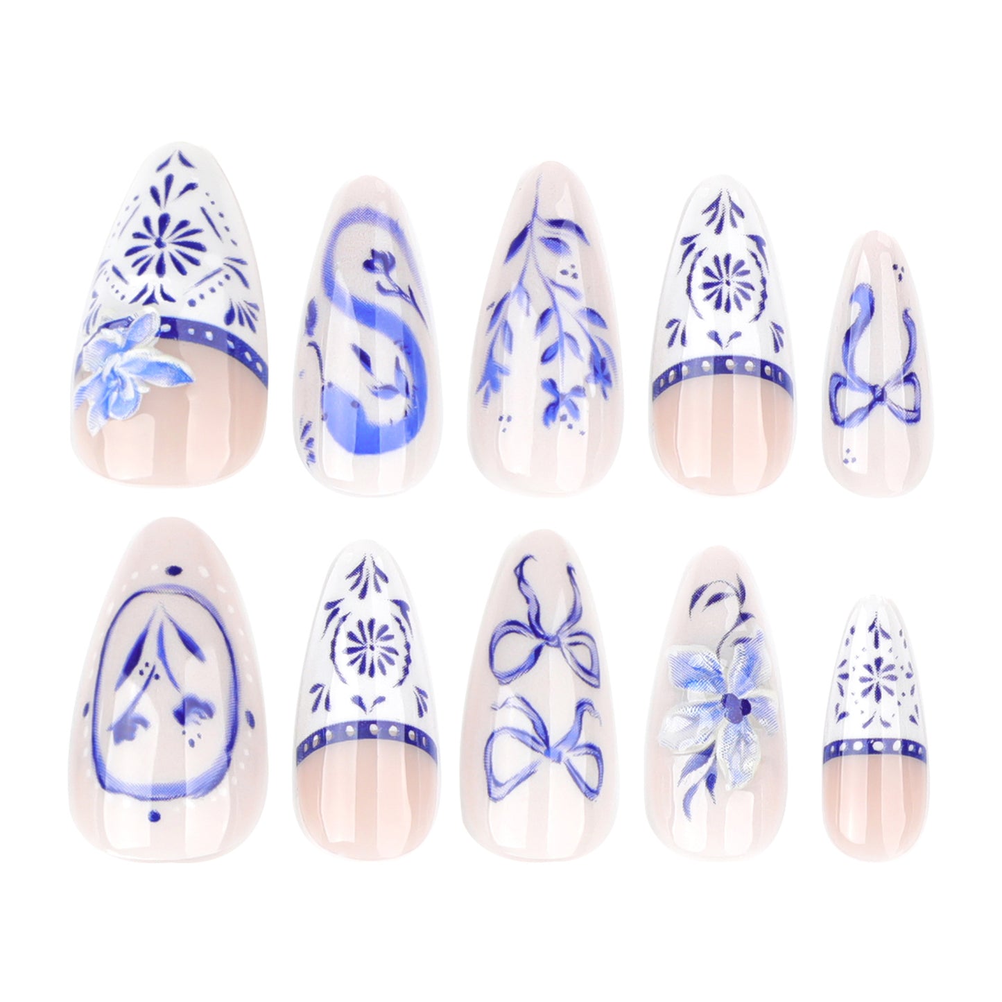 Blue and White Porcelain Almond 24PCS Free Size Press on Nails JP3889