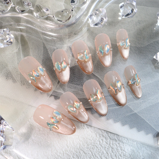 Crystal Slippers French Tip Handmade Almond Nails  A597