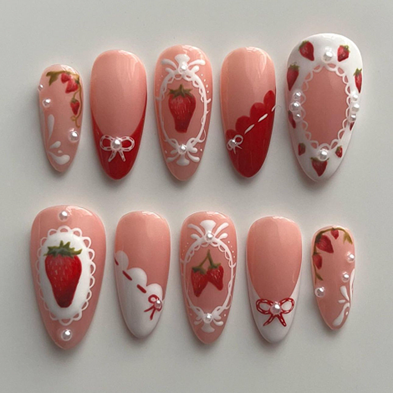 French Sweet Strawberry Almond 24PCS Free Size Press on Nails JP3740