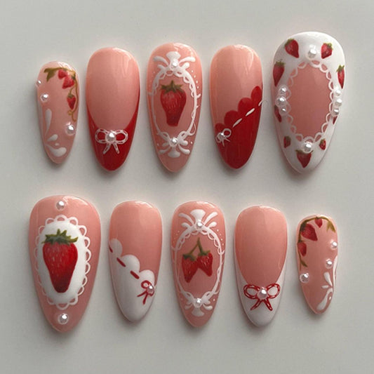 French Sweet Strawberry Almond 24PCS Free Size Press on Nails JP3740