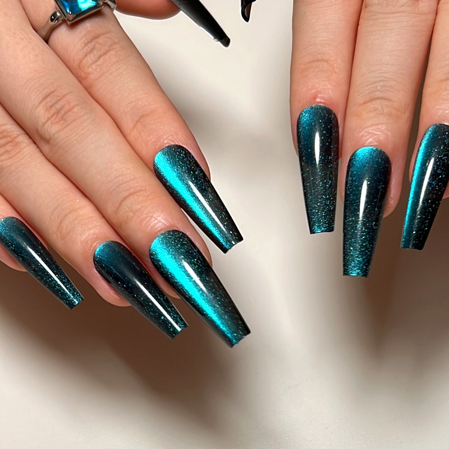 Lake Blue Cat Eye Coffin Press on Nails - NoirNail