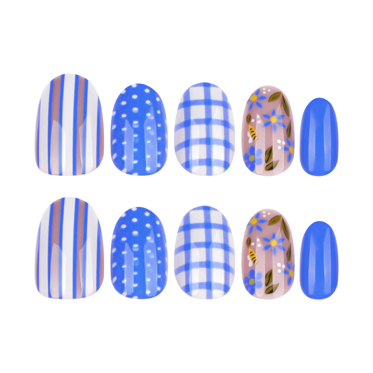 Blue and White Checkered Stripes Oval 24PCS Free Size Press on Nails JP3960