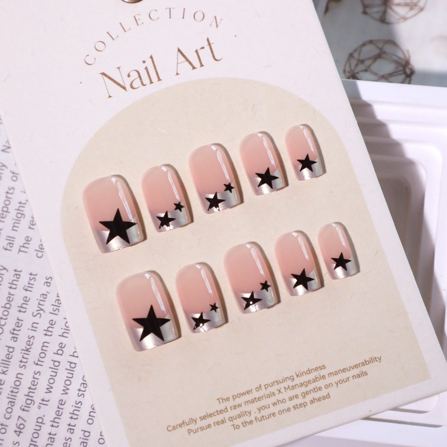 French Point Pearl Star Square 24PCS Free Size Press on Nails JL0689