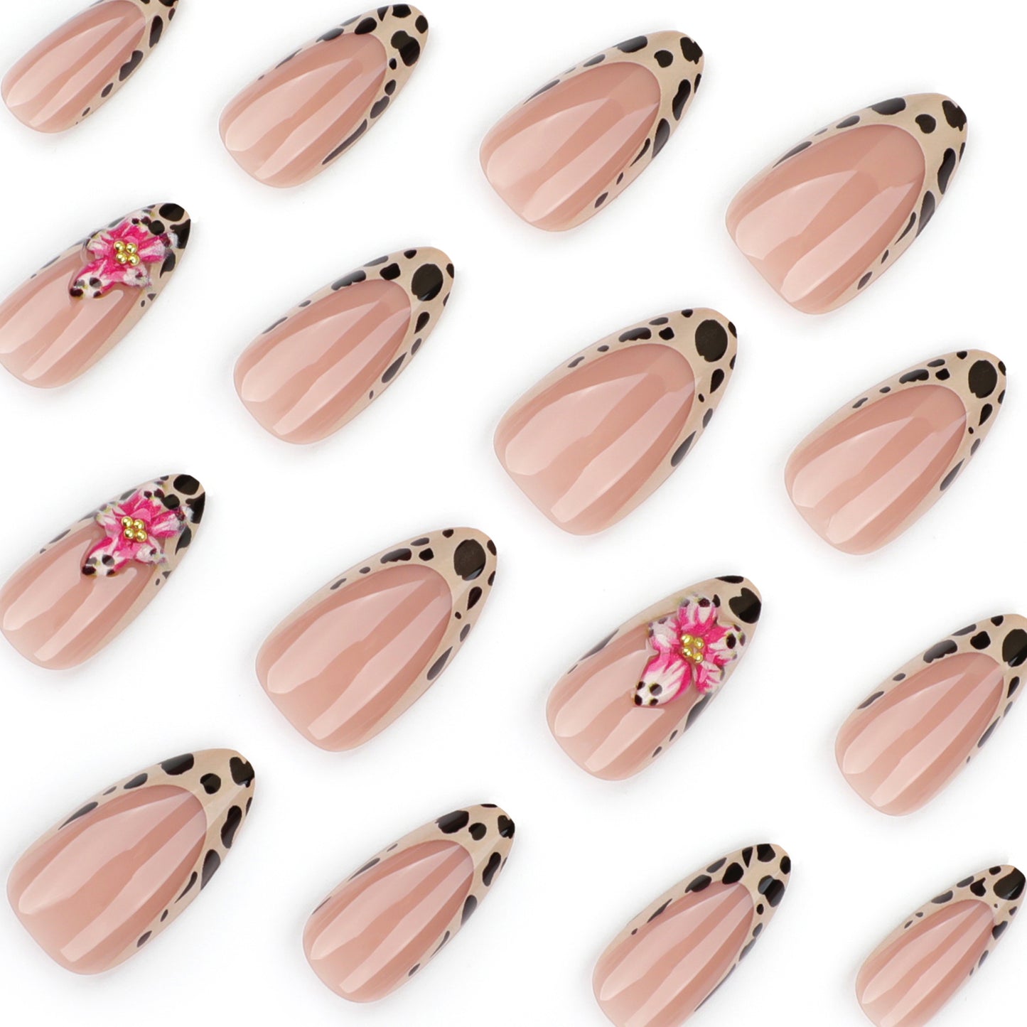 Leopard Flower French Tip Almond 24PCS Free Size Press on Nails JP3567