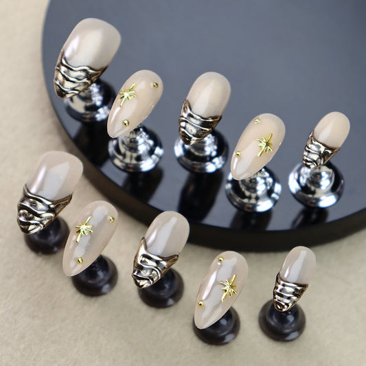 French Tip Starburst Handmade Almond  Nails A974 - NoirNail