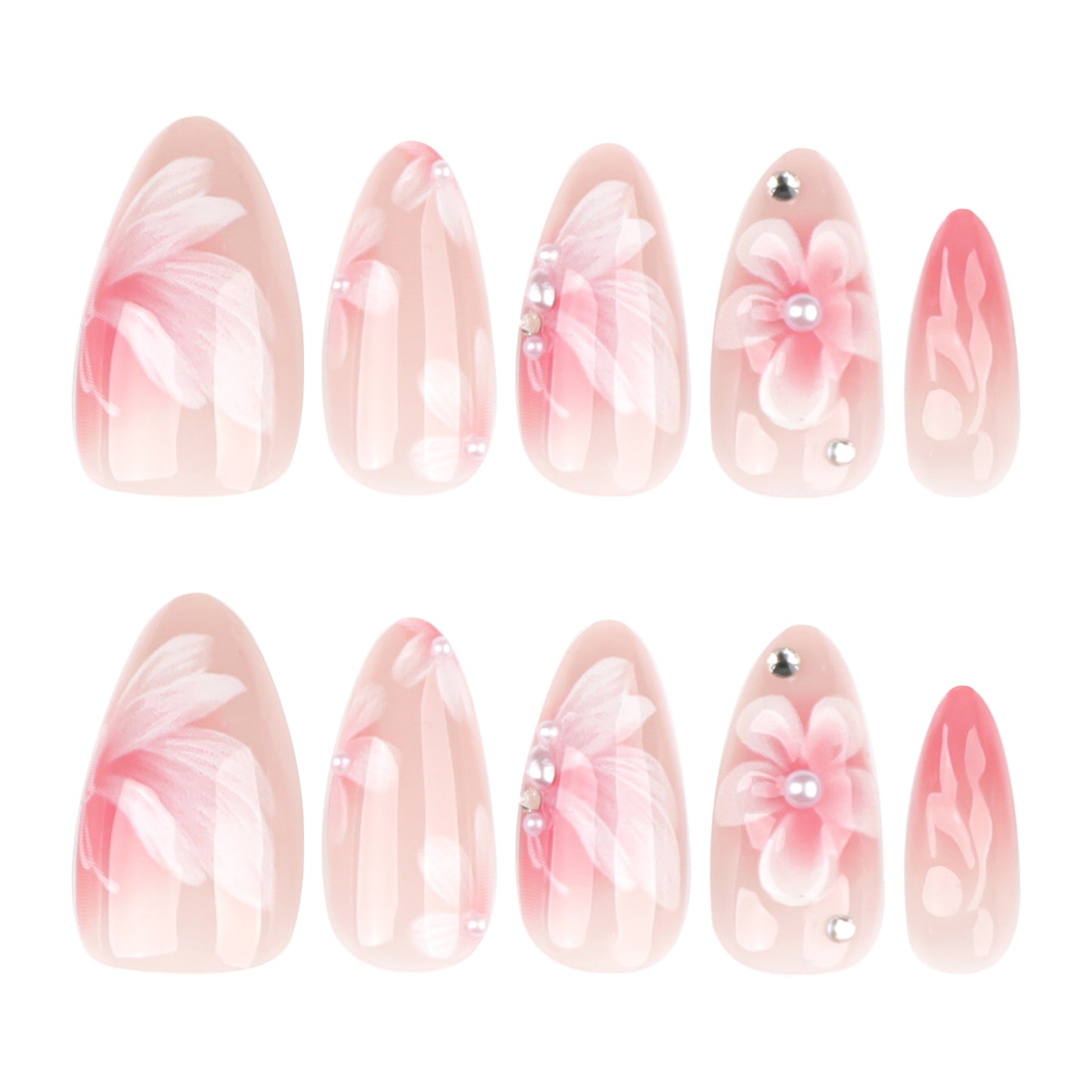 3D Flowers Almond 24PCS Free Size Press on Nails JP3882
