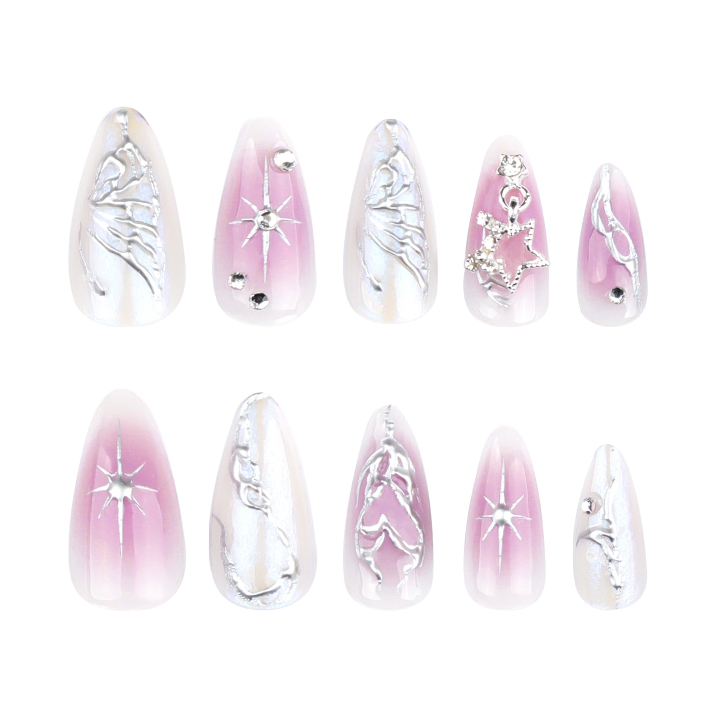 Y2K 3D Silver Butterfly Almond 24PCS Free Size Press on Nails JP3690