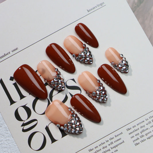 Chocolate Sauce French Tip Rhinestones Handmade Almond Nails A811 - NoirNail