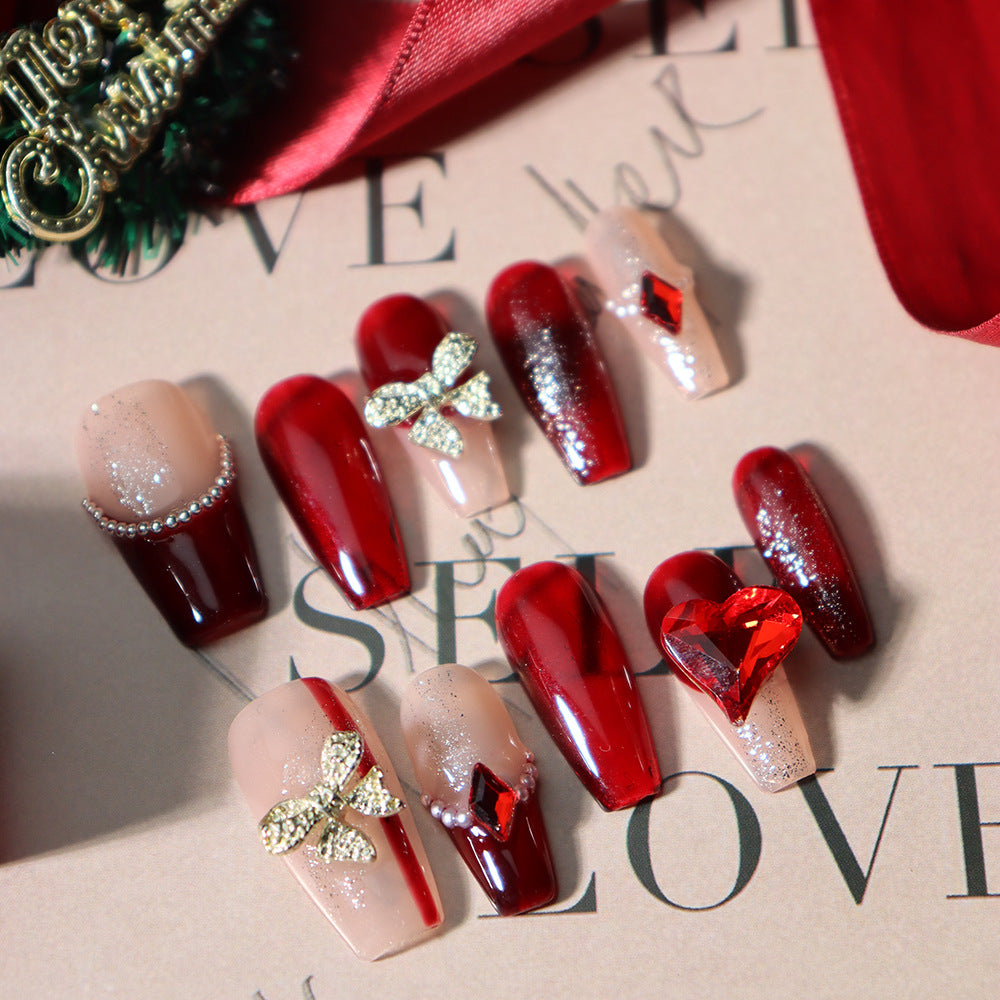 Merry Christmas Ruby Rhinestones Handmade Coffin Press On Nails  A674