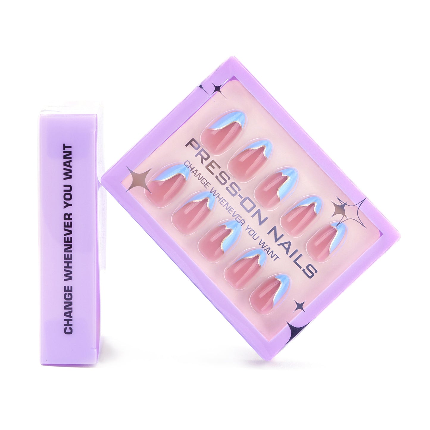 Blue Classic French Tip Almond 30PCS Free Size Press on Nails GD18