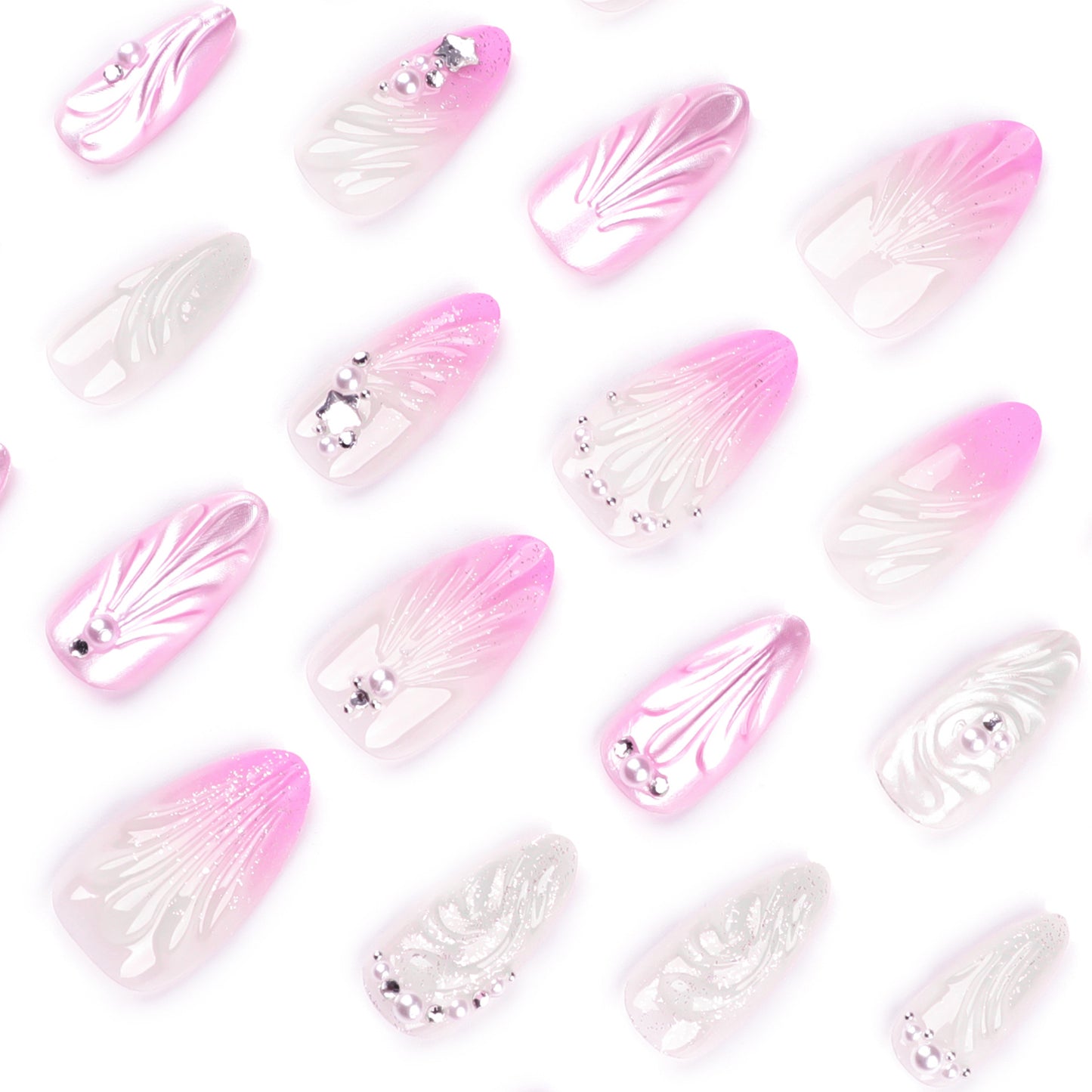 3D Pink Gradient Shells Almond 24PCS Free Size Press on Nails JP3680