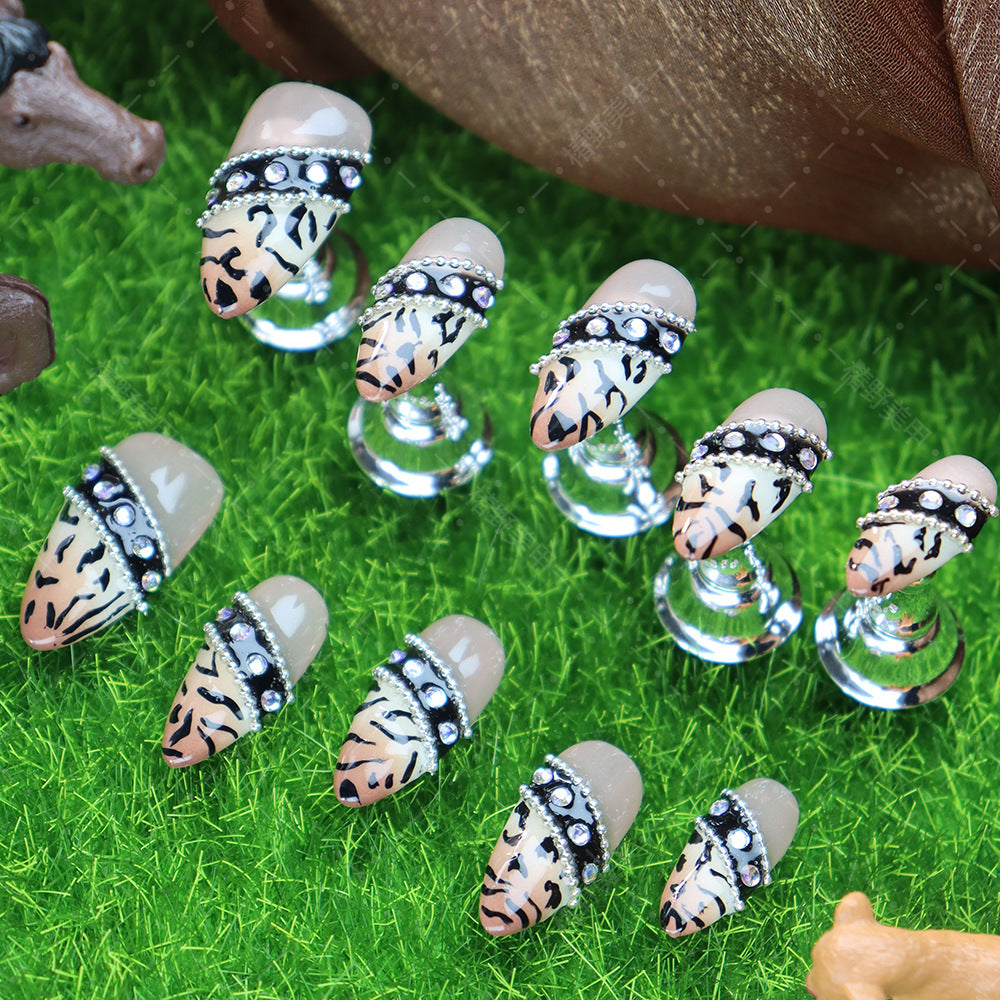 Maillard Zebra Pattern Rhinestones Handmade Almond Press On Nails  A1199