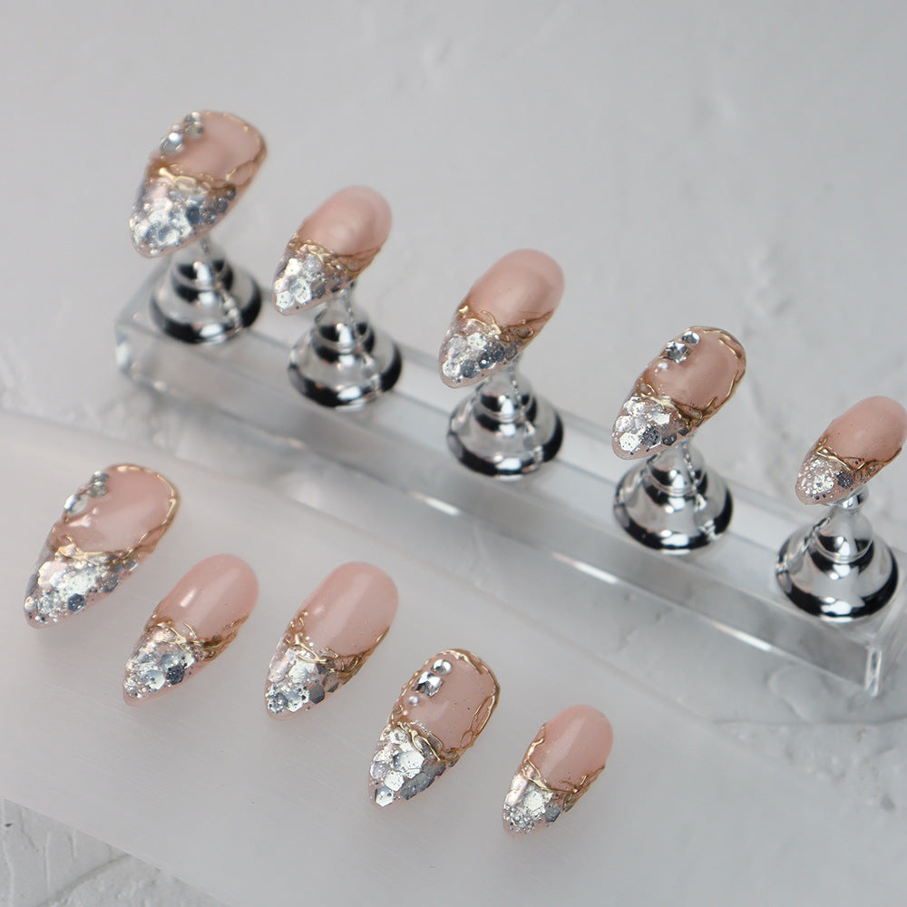 Shiny Silver French Long Tip Handmade Almond Press On Nails A1007