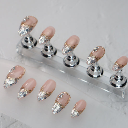 Shiny Silver French Long Tip Handmade Almond Press On Nails A1007