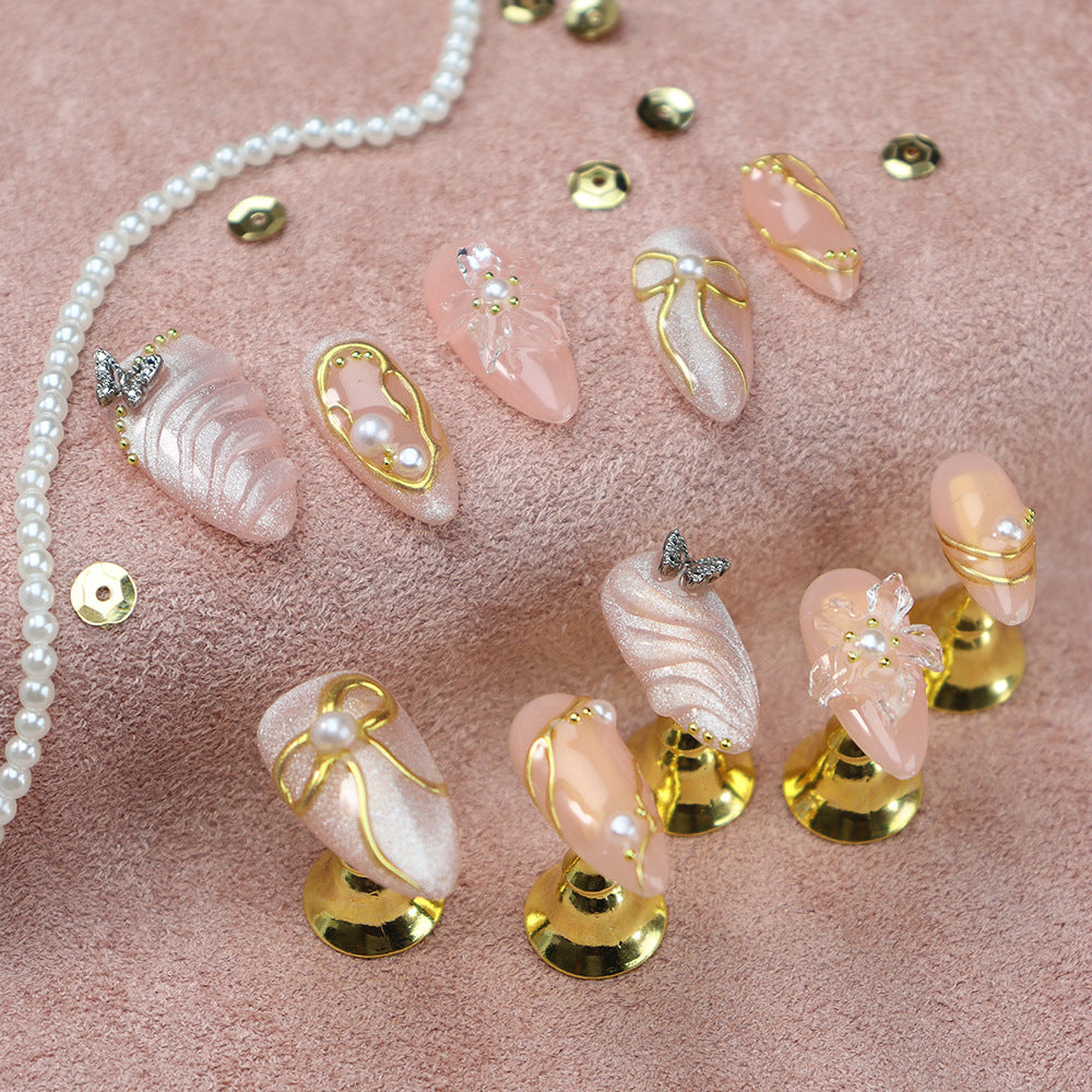 Gold Bow Cat Eye Handmade Almond  Nails  A913 - NoirNail