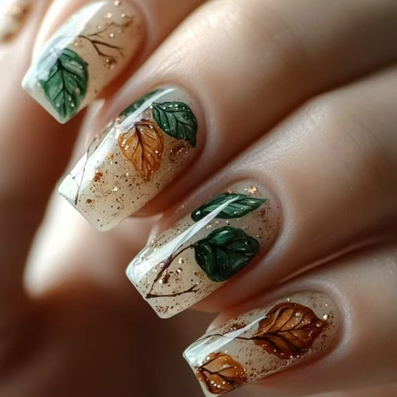 Retro Atmosphere Leaves Coffin 24PCS Free Size Press on Nails W1845